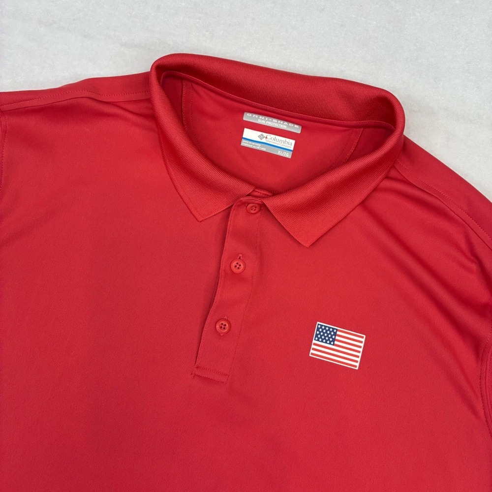 Columbia Polo Shirt Men XL Red PFG Omni-Shade American Flag Fishing Performance